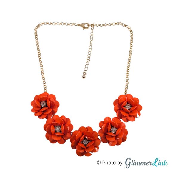 Jewelry - Red Orange Flower Cluster Statement Floral Bib Gold Tone Necklace